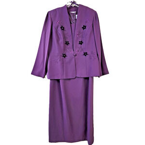 Studio I Embroidered 2-Piece Dress Jacket Suit Set Size 18 Purple Polyester